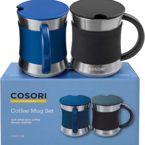 COSORI Coffee Mug with Lids Set of 2, Stainless Steel Cups with Heat-resistant Handle & Slip-resistant Sleeve, 17 oz, Best Match w/Mug Warmer, for Coffee,Tea,Water,Cocoa, Milk, C1601-CM, Black & Blue