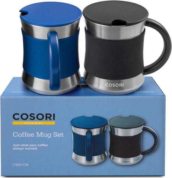 COSORI Coffee Mug with Lids Set of 2, Stainless Steel Cups with Heat-resistant Handle & Slip-resistant Sleeve, 17 oz, Best Match w/Mug Warmer, for Coffee,Tea,Water,Cocoa, Milk, C1601-CM, Black & Blue