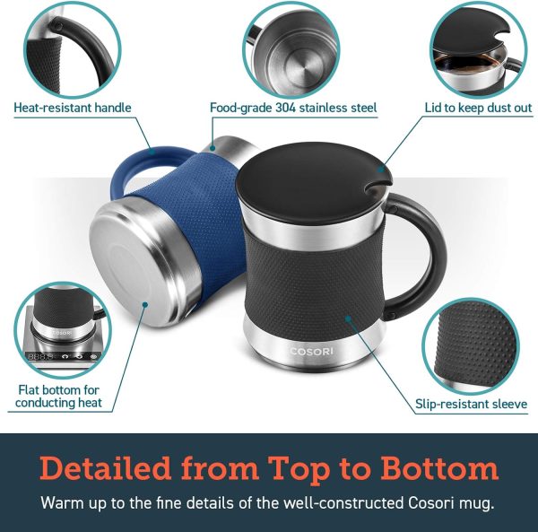 COSORI Coffee Mug with Lids Set of 2, Stainless Steel Cups with Heat-resistant Handle & Slip-resistant Sleeve, 17 oz, Best Match w/Mug Warmer, for Coffee,Tea,Water,Cocoa, Milk, C1601-CM, Black & Blue - Image 2