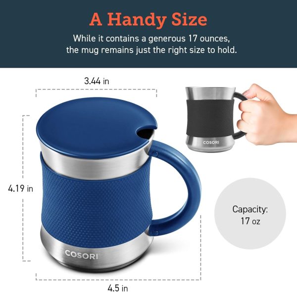 COSORI Coffee Mug with Lids Set of 2, Stainless Steel Cups with Heat-resistant Handle & Slip-resistant Sleeve, 17 oz, Best Match w/Mug Warmer, for Coffee,Tea,Water,Cocoa, Milk, C1601-CM, Black & Blue - Image 5