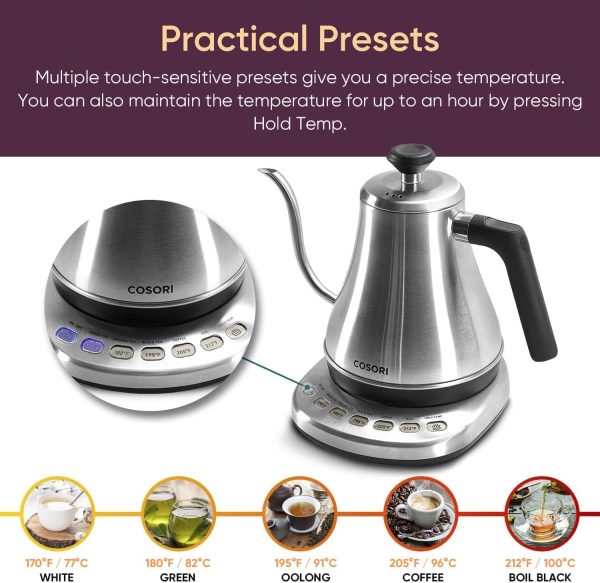 COSORI Electric Gooseneck Kettle with 5 Temperature Control Presets, Pour Over Kettle for Coffee & Tea, Hot Water Boiler, 100% Stainless Steel Inner Lid & Bottom, 1200W/0.8L - Image 14