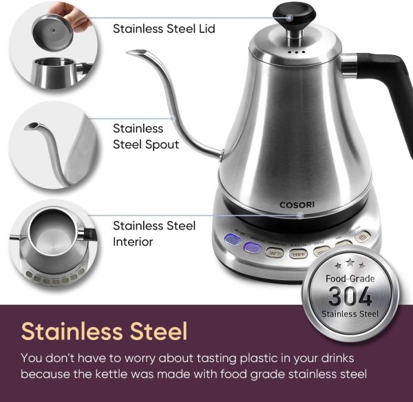 COSORI Electric Gooseneck Kettle with 5 Temperature Control Presets, Pour Over Kettle for Coffee & Tea, Hot Water Boiler, 100% Stainless Steel Inner Lid & Bottom, 1200W/0.8L - Image 15
