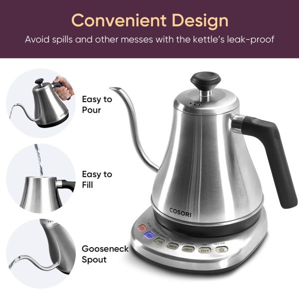 COSORI Electric Gooseneck Kettle with 5 Temperature Control Presets, Pour Over Kettle for Coffee & Tea, Hot Water Boiler, 100% Stainless Steel Inner Lid & Bottom, 1200W/0.8L - Image 17