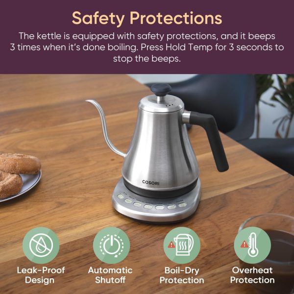 COSORI Electric Gooseneck Kettle with 5 Temperature Control Presets, Pour Over Kettle for Coffee & Tea, Hot Water Boiler, 100% Stainless Steel Inner Lid & Bottom, 1200W/0.8L - Image 18