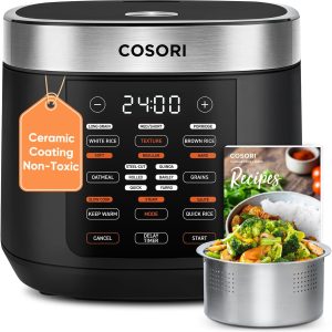 COSORI Rice Cooker 10 Cup, 24h Keep Warm, 18 Functions Fuzzy Logic Rice Maker with Stainless Steel Steamer Basket, Sauté, Slow Cooker, Black